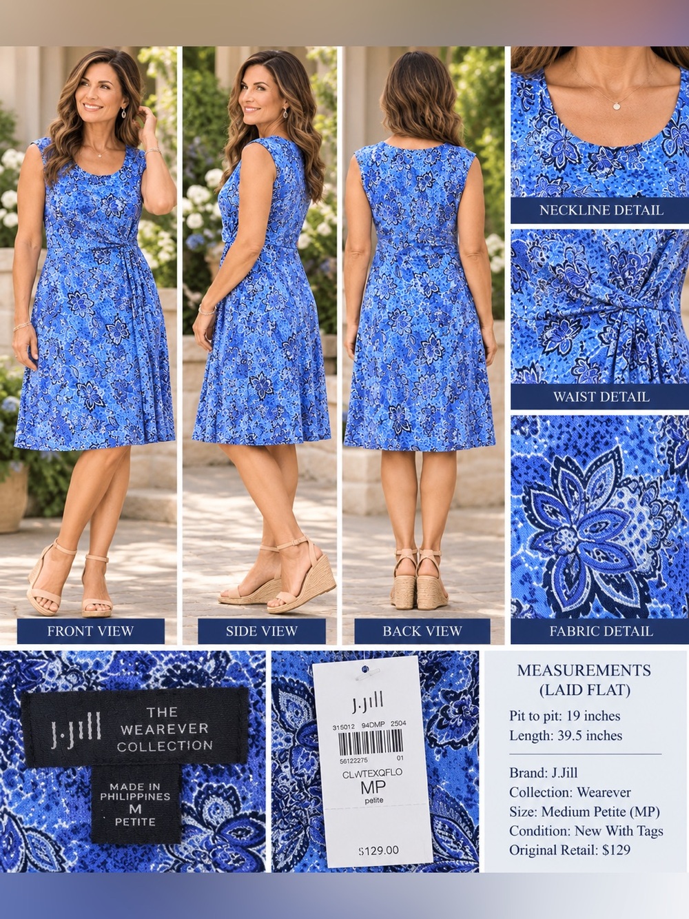 J.Jill NWT Blue Floral Paisley Sleeveless Midi Dress Medium Petite MP